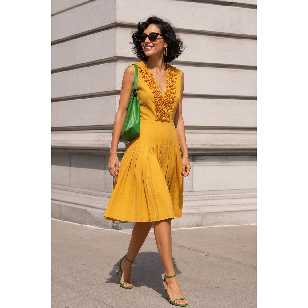 Cache Mustard Yellow Linen Blend Ruffle V-Neck Fit and Flare Dress Womens 8‎